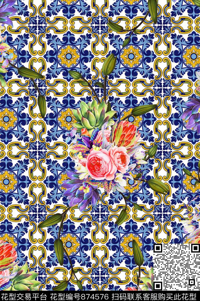 手绘基督教堂底纹写实花卉数码印花华亿平台下载（图片编号: 874576） - 瓦栏（Walan）