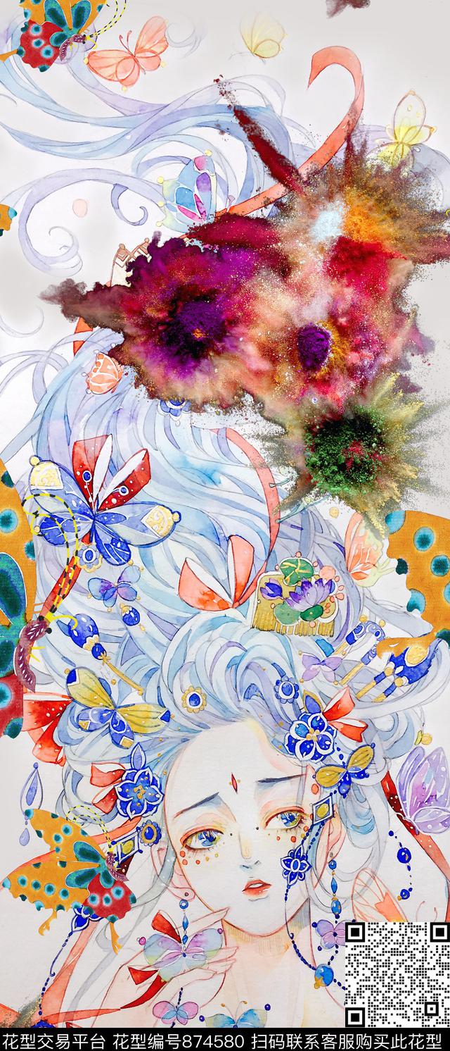 手绘人物蝴蝶爆炸数码印花华亿平台下载（图片编号: 874580） - 瓦栏（Walan）