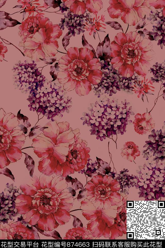 大花花朵花卉数码印花华亿平台下载（图片编号: 874663） - 瓦栏（Walan）