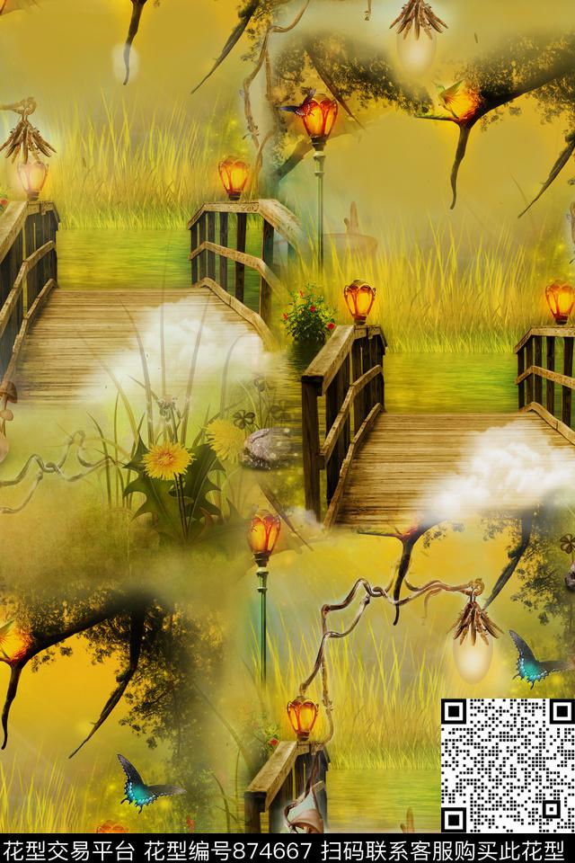 灯烛桥风景数码印花华亿平台下载（图片编号: 874667） - 瓦栏（Walan）