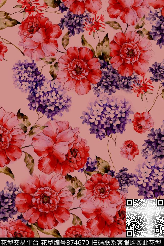 大花花朵花卉数码印花华亿平台下载（图片编号: 874670） - 瓦栏（Walan）