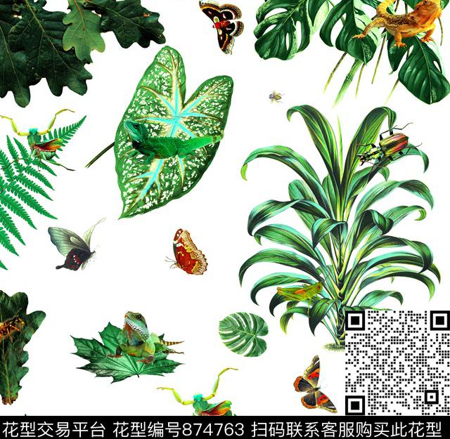 热带植物昆虫蝴蝶数码印花华亿平台下载（图片编号: 874763） - 瓦栏（Walan）
