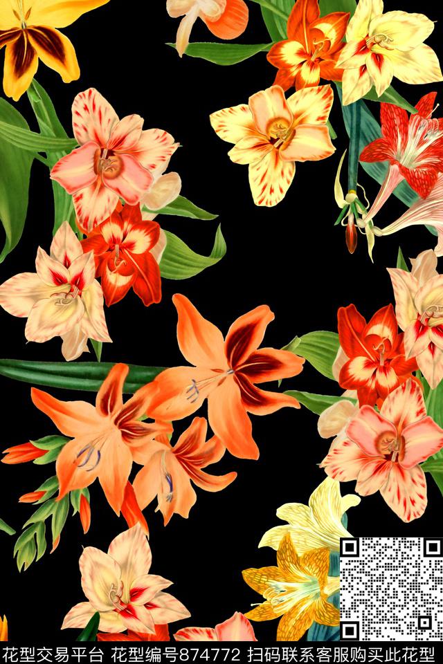 热带水彩花卉数码印花华亿平台下载（图片编号: 874772） - 瓦栏（Walan）