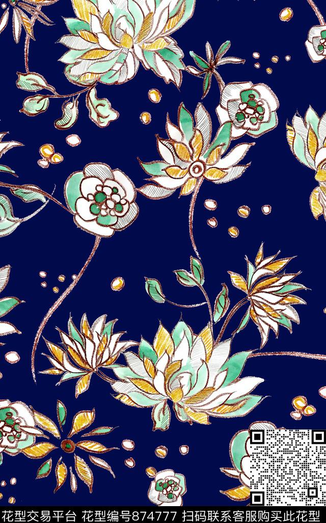 花卉传统线条传统印花华亿平台下载（图片编号: 874777） - 瓦栏（Walan）
