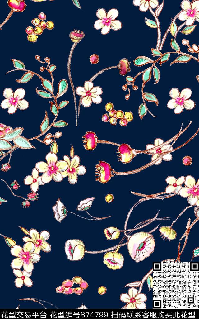 小碎花花卉线条传统印花华亿平台下载（图片编号: 874799） - 瓦栏（Walan）
