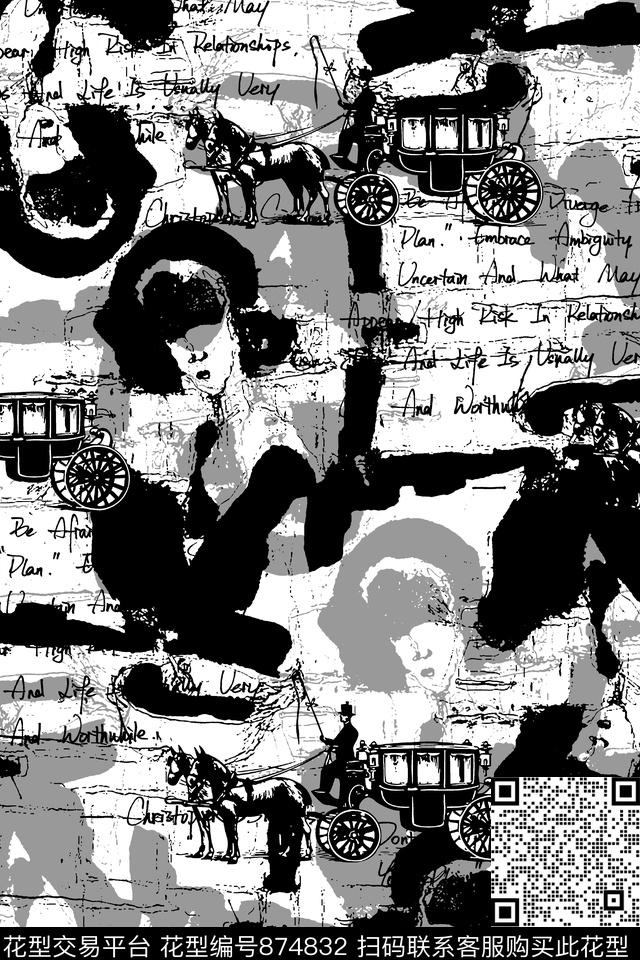 抽象纹理人物像马车传统印花华亿平台下载（图片编号: 874832） - 瓦栏（Walan）