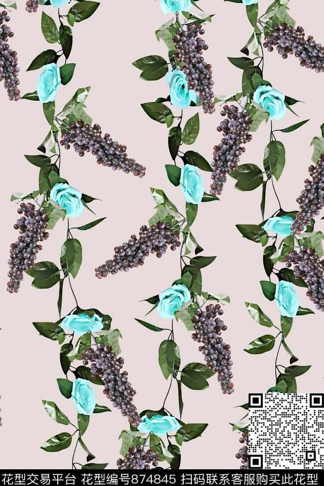 葡萄花卉清爽花卉数码印花华亿平台下载（图片编号: 874845） - 瓦栏（Walan）