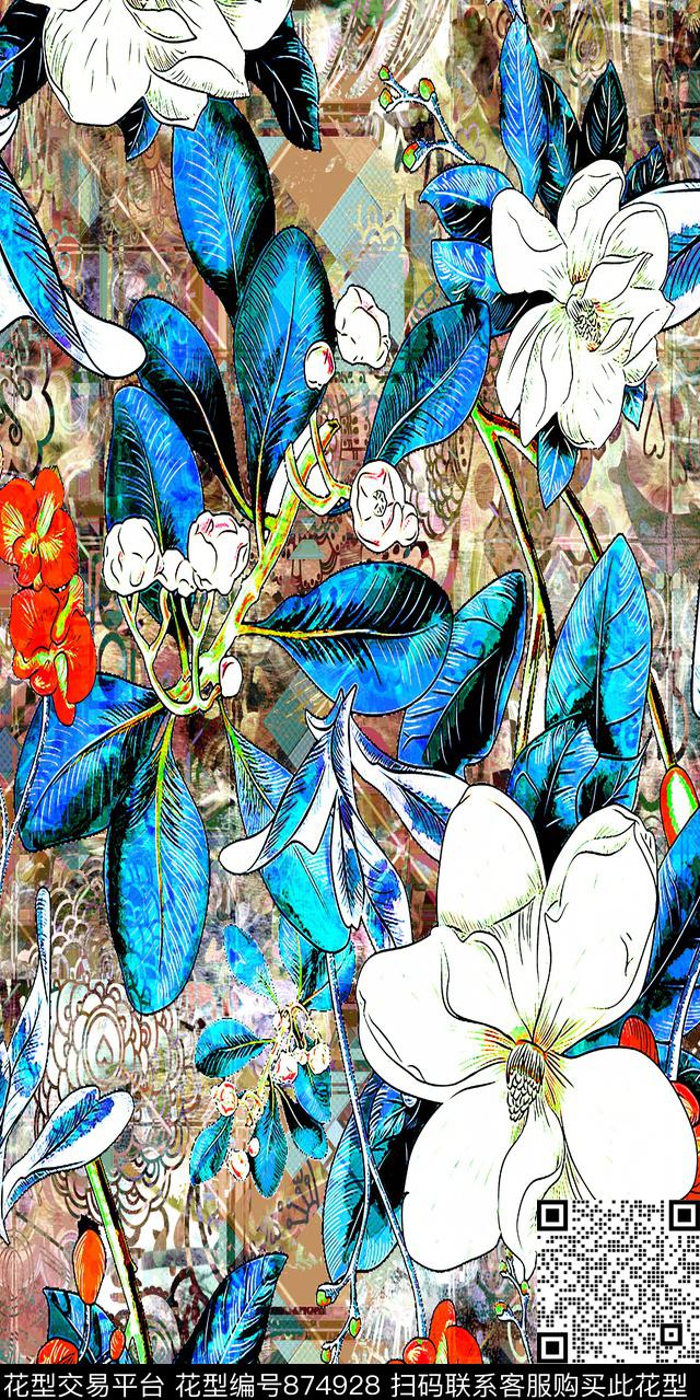 几何花卉抽象数码印花华亿平台下载（图片编号: 874928） - 瓦栏（Walan）