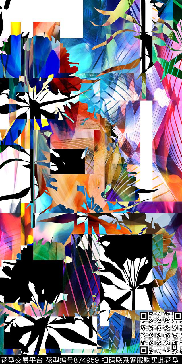 几何抽象植物数码印花华亿平台下载（图片编号: 874959） - 瓦栏（Walan）
