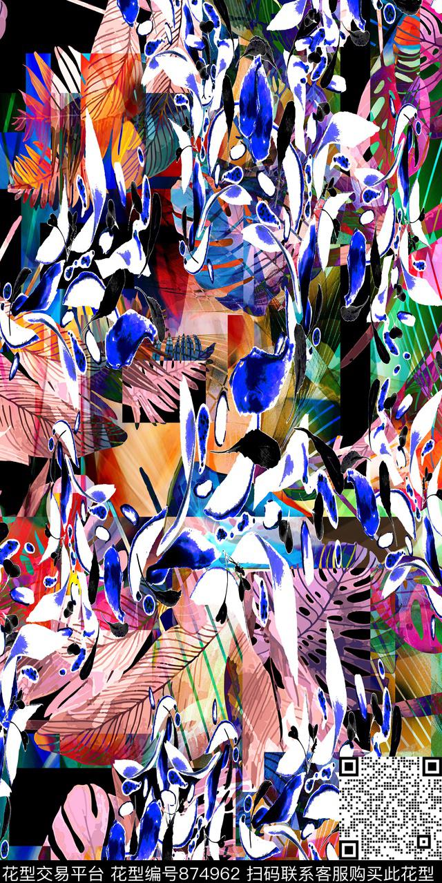 抽象几何植物数码印花华亿平台下载（图片编号: 874962） - 瓦栏（Walan）