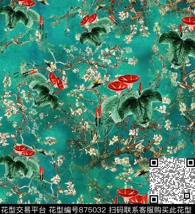 油画花卉梨花数码印花华亿平台下载（图片编号: 875032） - 瓦栏（Walan）