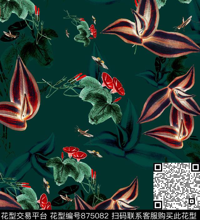 简单大气花叶子花卉数码印花华亿平台下载（图片编号: 875082） - 瓦栏（Walan）