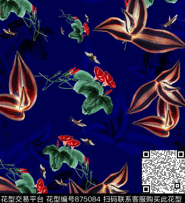 简单大气花叶子花卉数码印花华亿平台下载（图片编号: 875084） - 瓦栏（Walan）