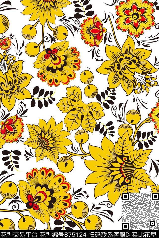 大花叶子花朵传统印花华亿平台下载（图片编号: 875124） - 瓦栏（Walan）