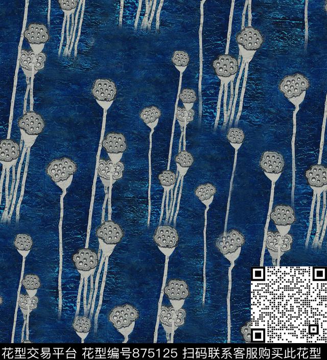 工笔画民族风莲蓬数码印花华亿平台下载（图片编号: 875125） - 瓦栏（Walan）