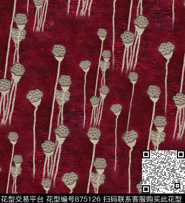 工笔画民族风莲蓬数码印花华亿平台下载（图片编号: 875126） - 瓦栏（Walan）