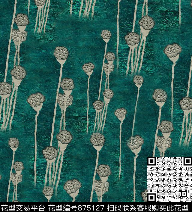 工笔画民族风莲蓬数码印花华亿平台下载（图片编号: 875127） - 瓦栏（Walan）