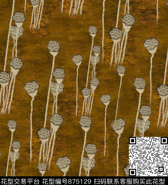 工笔画民族风莲蓬数码印花华亿平台下载（图片编号: 875129） - 瓦栏（Walan）