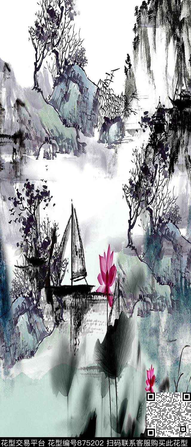 水墨荷花风景数码印花华亿平台下载（图片编号: 875202） - 瓦栏（Walan）