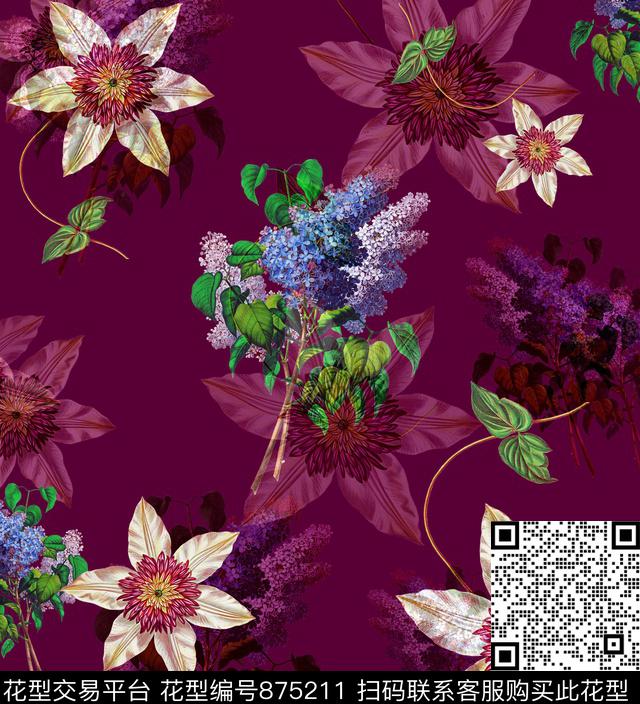简单大气花卉数码印花华亿平台下载（图片编号: 875211） - 瓦栏（Walan）