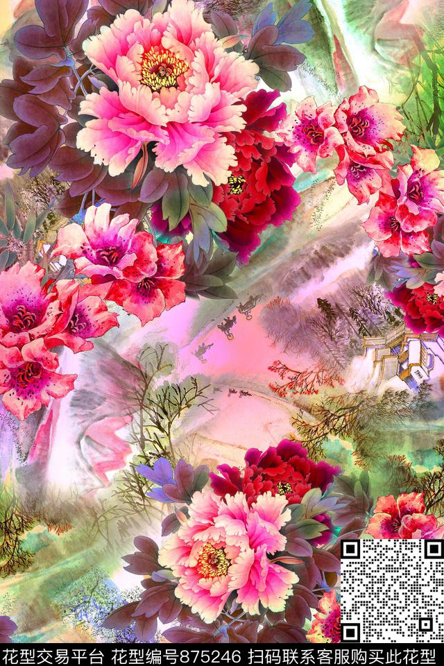 花卉大花牡丹数码印花华亿平台下载（图片编号: 875246） - 瓦栏（Walan）