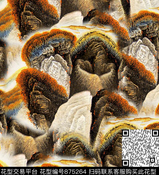 中国风水墨画山水数码印花华亿平台下载（图片编号: 875264） - 瓦栏（Walan）