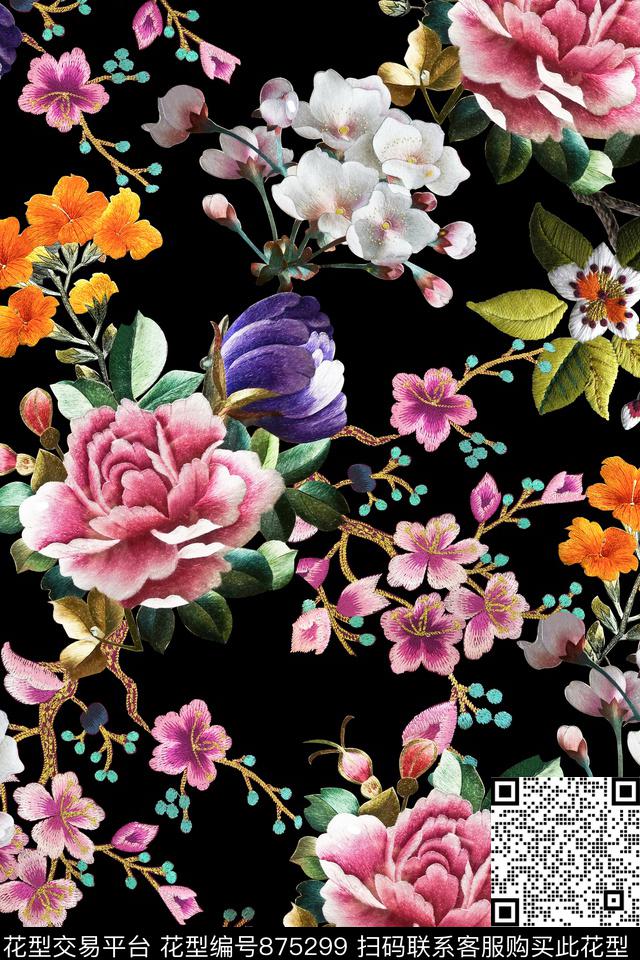 中国风刺绣花卉数码印花华亿平台下载（图片编号: 875299） - 瓦栏（Walan）