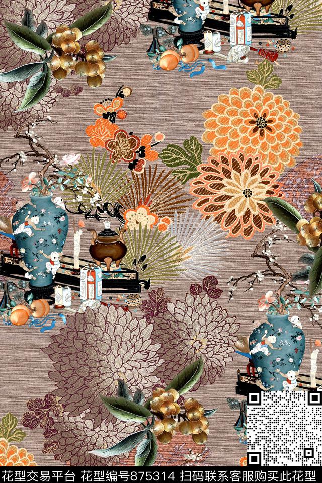中国风花卉刺绣数码印花华亿平台下载（图片编号: 875314） - 瓦栏（Walan）