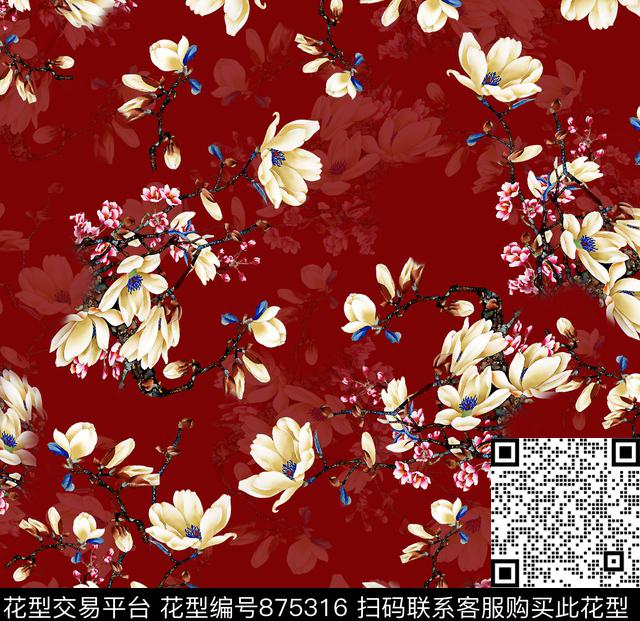 花卉小碎花玉兰花数码印花华亿平台下载（图片编号: 875316） - 瓦栏（Walan）
