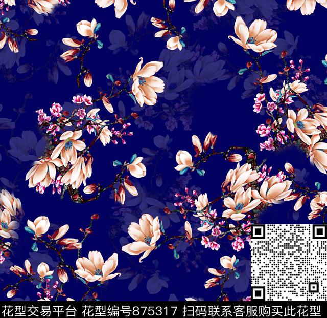 花卉小碎花玉兰花数码印花华亿平台下载（图片编号: 875317） - 瓦栏（Walan）
