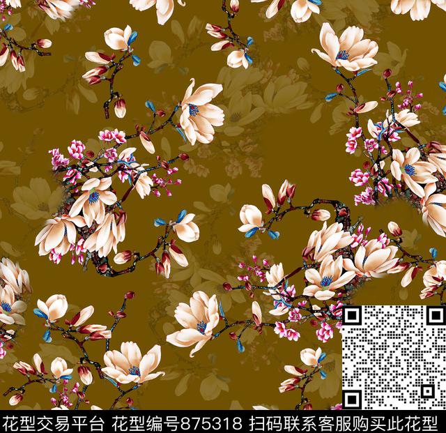 花卉小碎花玉兰花数码印花华亿平台下载（图片编号: 875318） - 瓦栏（Walan）
