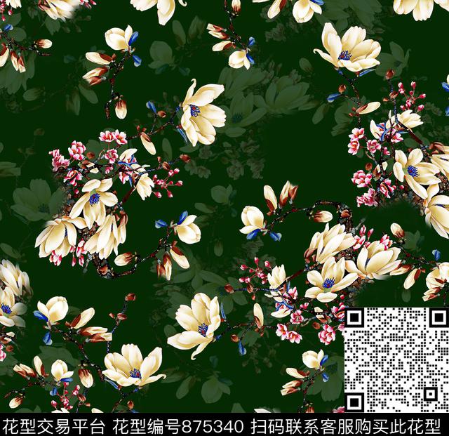 花卉小碎花玉兰花数码印花华亿平台下载（图片编号: 875340） - 瓦栏（Walan）