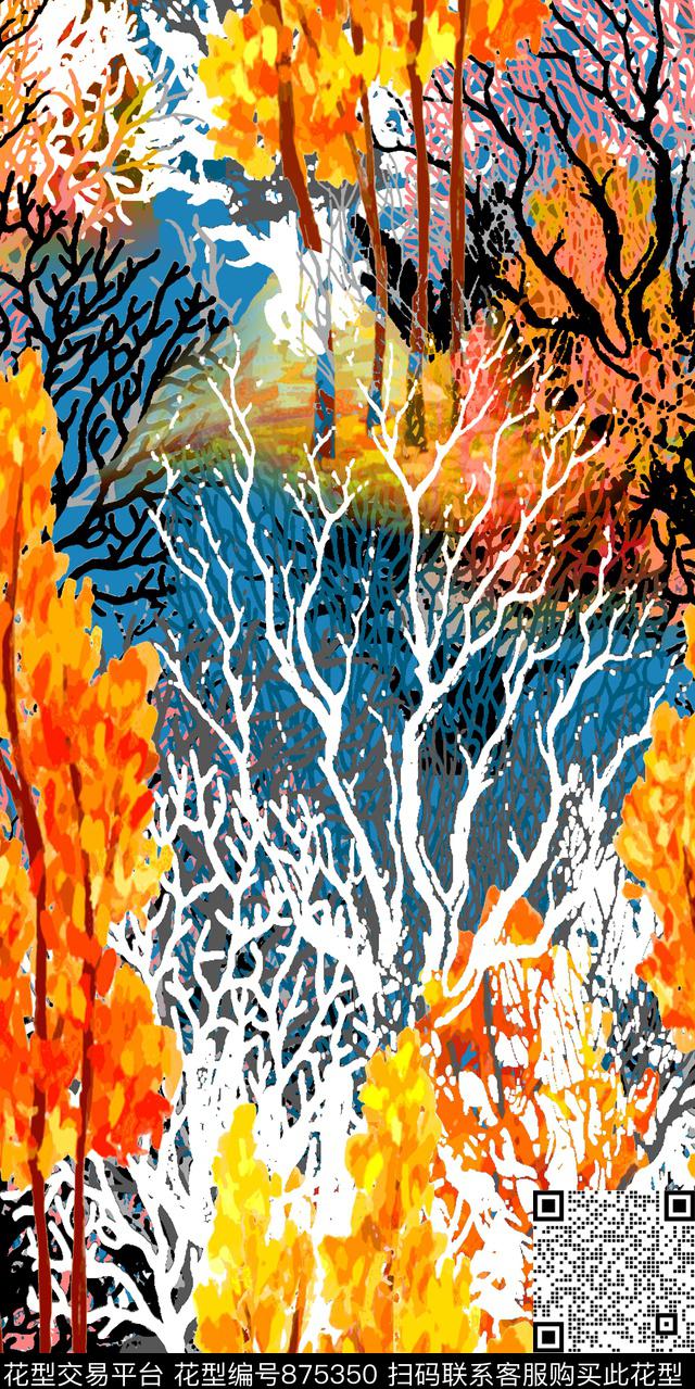 风景树植物数码印花华亿平台下载（图片编号: 875350） - 瓦栏（Walan）