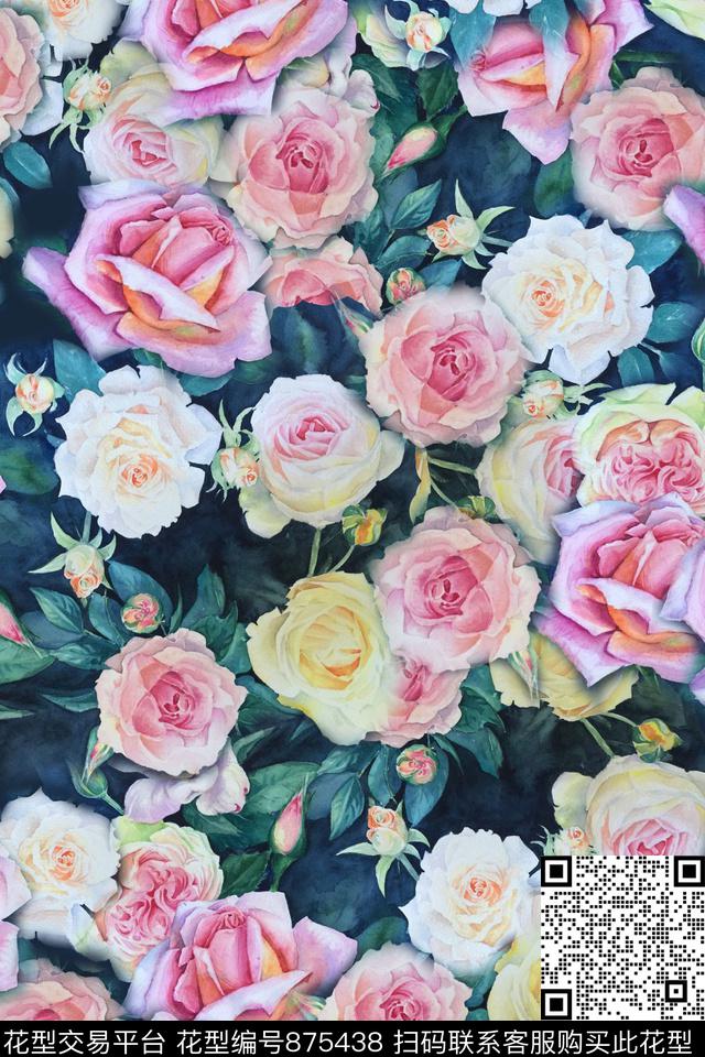 玫瑰水彩融合数码印花华亿平台下载（图片编号: 875438） - 瓦栏（Walan）