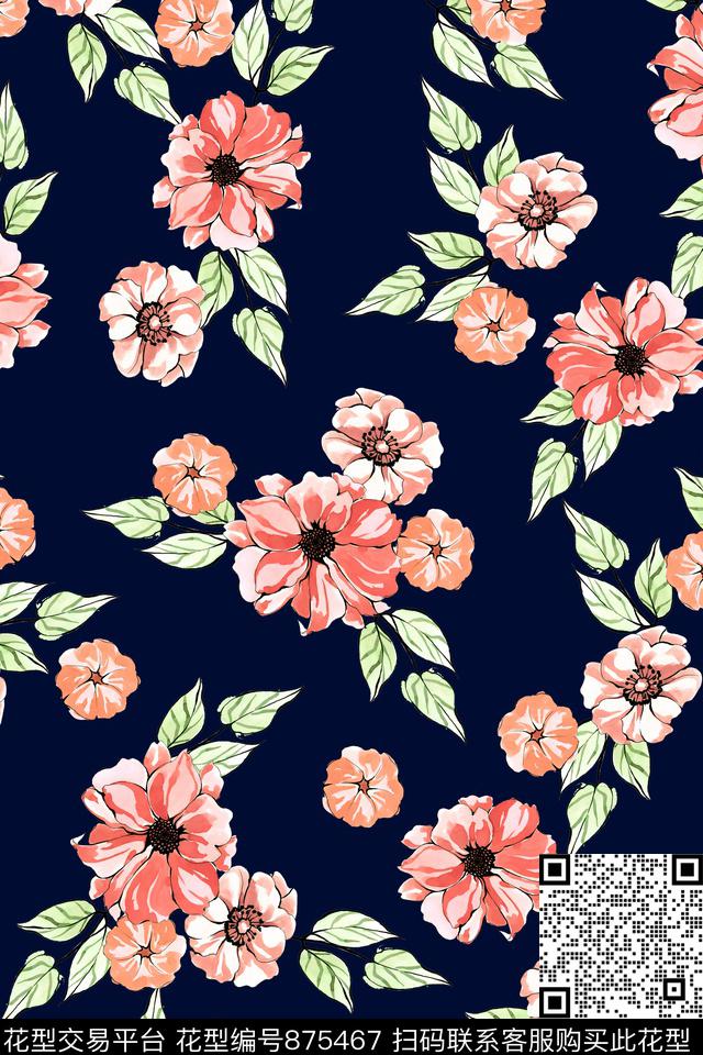 大花欢快手绘传统印花华亿平台下载（图片编号: 875467） - 瓦栏（Walan）