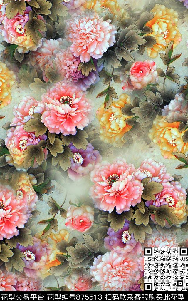 中国风牡丹满版数码印花华亿平台下载（图片编号: 875513） - 瓦栏（Walan）