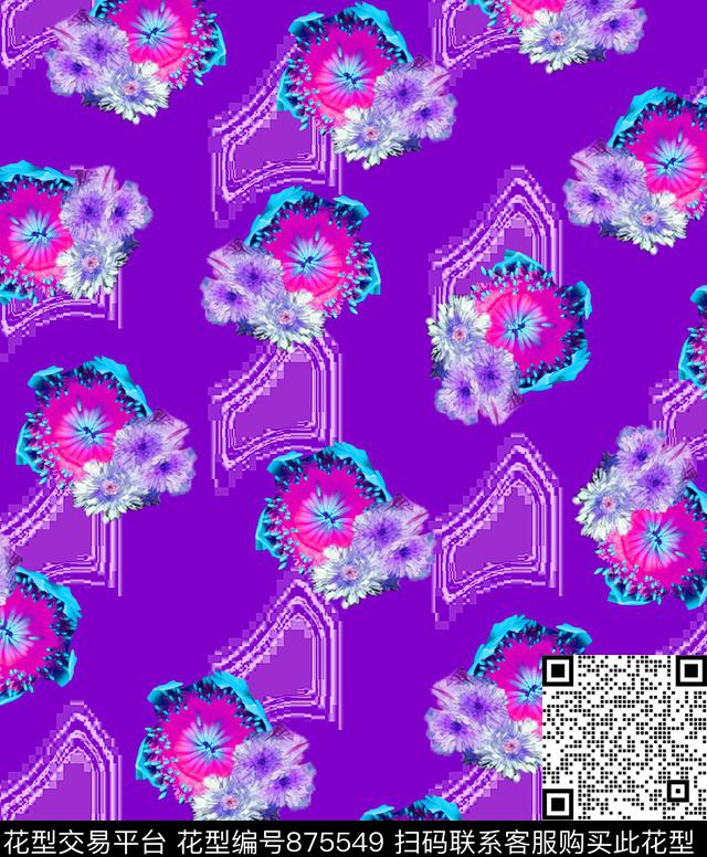 花卉花朵几何数码印花华亿平台下载（图片编号: 875549） - 瓦栏（Walan）