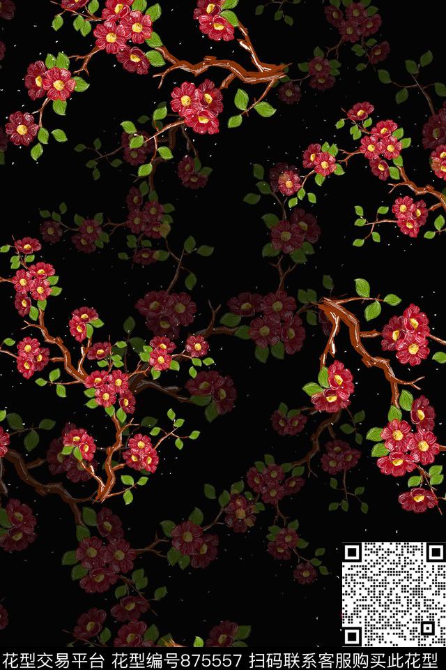 手绘花卉桃花满版散花数码印花华亿平台下载（图片编号: 875557） - 瓦栏（Walan）