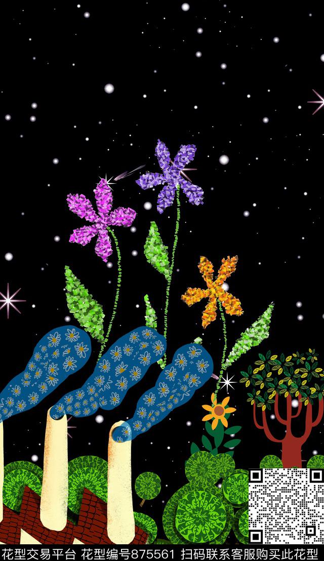 卡通房屋星空数码印花华亿平台下载（图片编号: 875561） - 瓦栏（Walan）