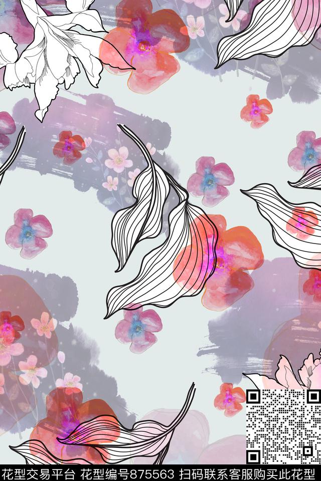 桃花竹叶百合数码印花华亿平台下载（图片编号: 875563） - 瓦栏（Walan）