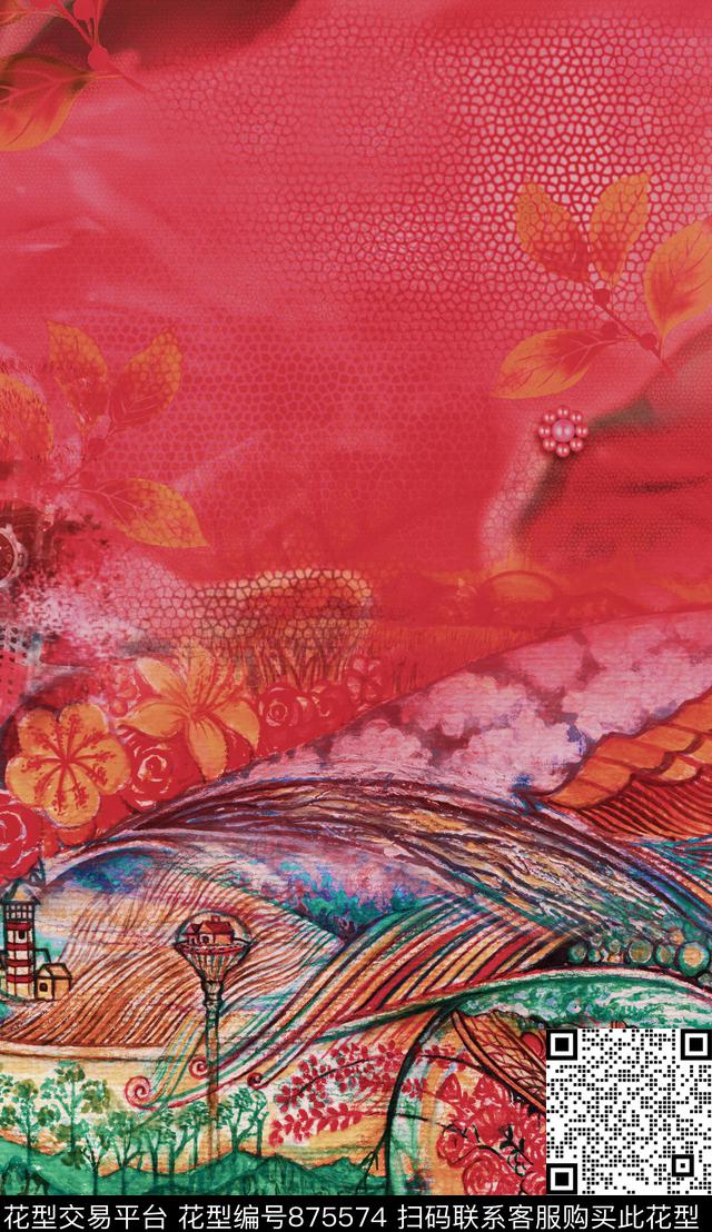 卡通花卉红绿数码印花华亿平台下载（图片编号: 875574） - 瓦栏（Walan）