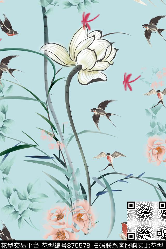 燕子荷花百合数码印花华亿平台下载（图片编号: 875578） - 瓦栏（Walan）