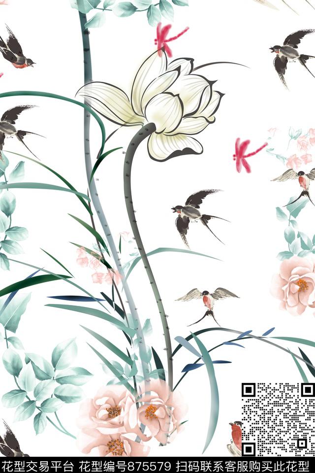 燕子荷花百合数码印花华亿平台下载（图片编号: 875579） - 瓦栏（Walan）