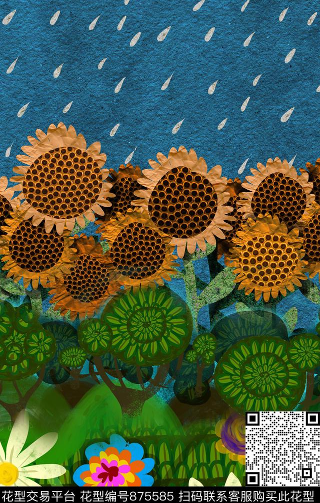 卡通菊花向日葵数码印花华亿平台下载（图片编号: 875585） - 瓦栏（Walan）