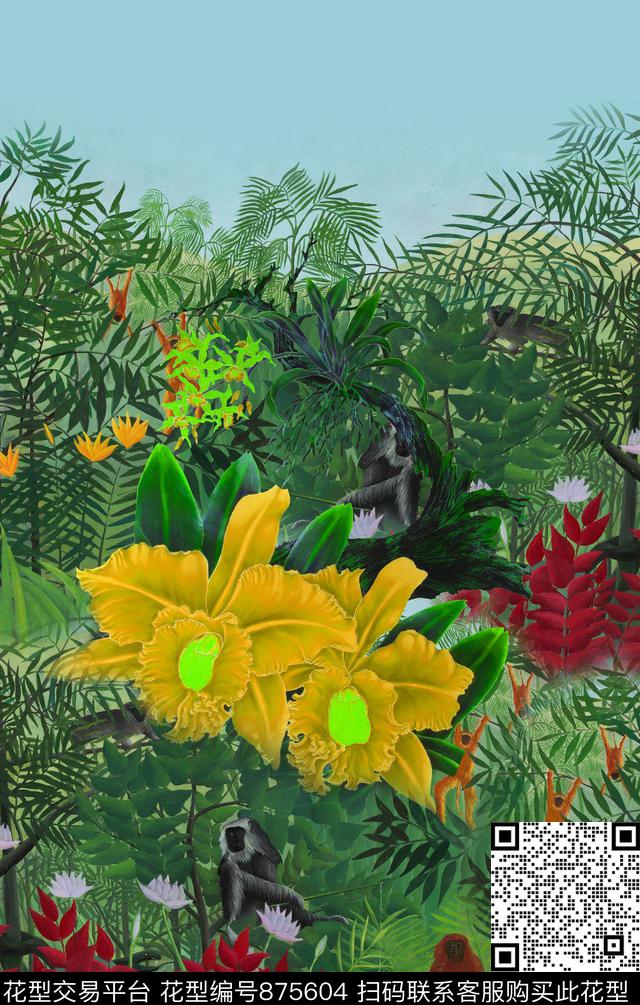 竹林猴子花卉数码印花华亿平台下载（图片编号: 875604） - 瓦栏（Walan）