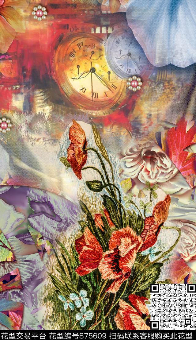 复古海报绣花数码印花华亿平台下载（图片编号: 875609） - 瓦栏（Walan）