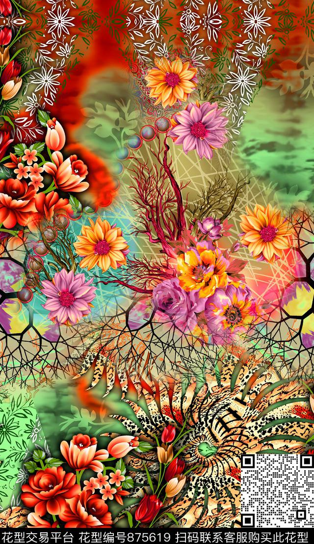 色彩豹纹花卉数码印花华亿平台下载（图片编号: 875619） - 瓦栏（Walan）