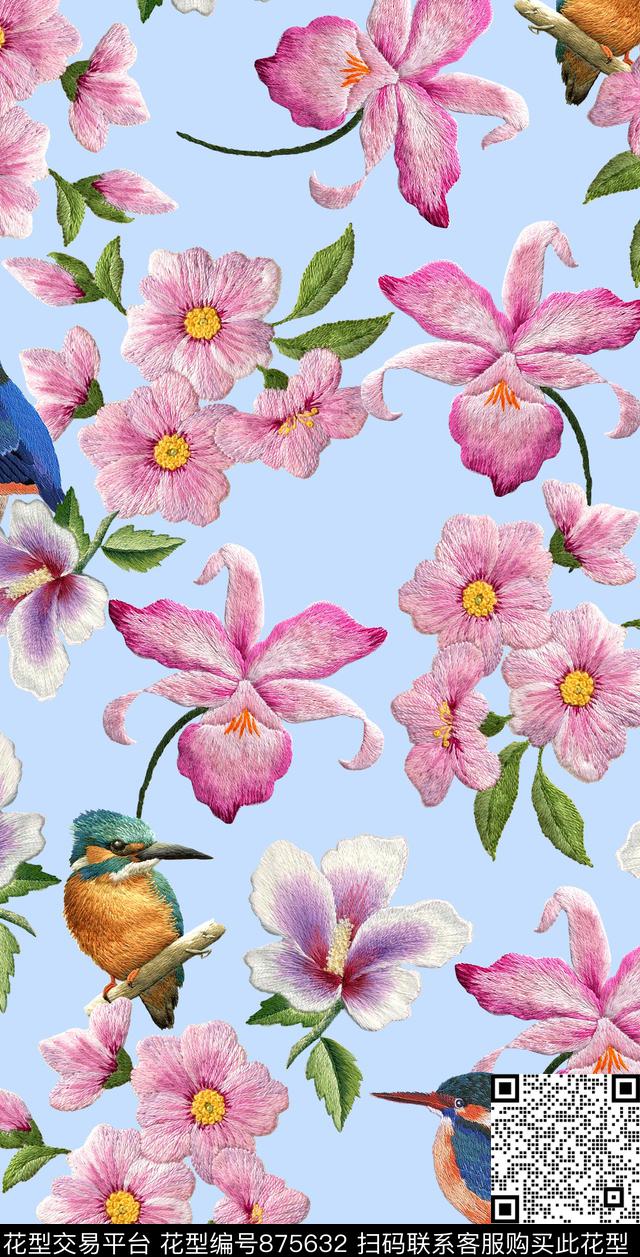 刺绣花鸟DG风格小鸟刺绣花卉数码印花华亿平台下载（图片编号: 875632） - 瓦栏（Walan）