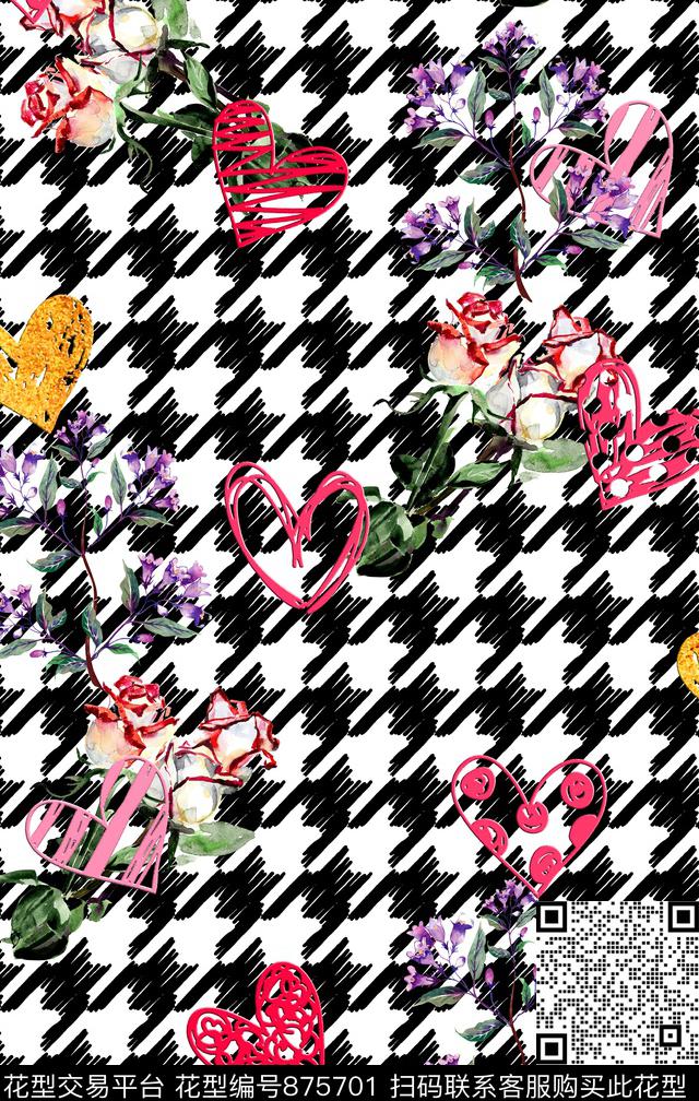 花卉时尚千鸟格数码印花华亿平台下载（图片编号: 875701） - 瓦栏（Walan）