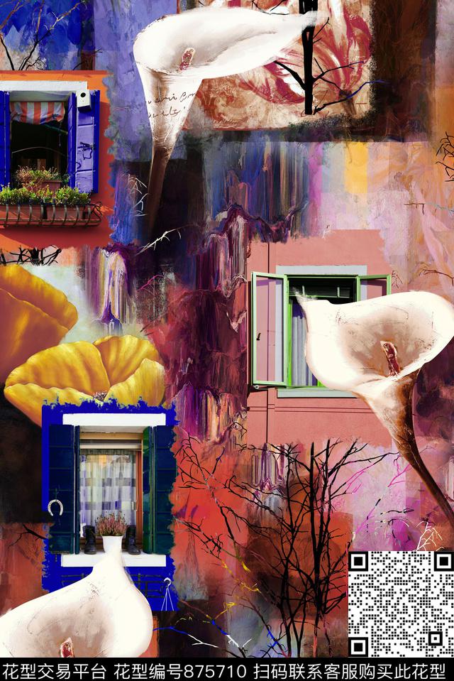 抽象油画花卉数码印花华亿平台下载（图片编号: 875710） - 瓦栏（Walan）